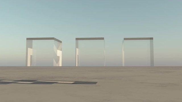 4K three glass cubes rotation from sky to ground,on the wilderness,Science Fiction world.