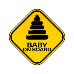 Baby on board sign with child pyramid silhouette in yellow rhombus on a white background. Car sticker with warning.