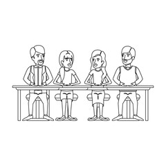 monochrome silhouette of teamwork of women and men sitting in desk vector illustration