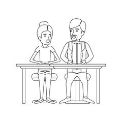 monochrome silhouette of teamwork of woman and man sitting in desk and her with collected hair and him in casual clothes with van dyke beard vector illustration