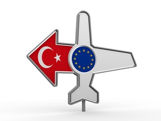 Emblem design for airlines, airplane tickets, travel agencies. Airplane icon and destination arrow. Flags of the European Union and Turkey. 3D rendering