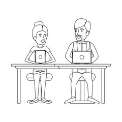 Fototapeta premium monochrome silhouette of teamwork of woman and man sitting in desk with tech devices and her with collected hair and him in casual clothes with van dyke beard vector illustration
