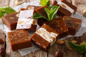 Caramel. Golden Butterscotch toffee candy caramels macro. horizontal