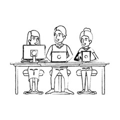 monochrome blurred silhouette of teamwork sitting in desk with tech devices vector illustration