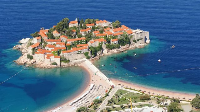Panorama of Sveti Stefan island in a beautiful summer day in Budva, Montenegro.