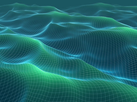 3d illustration of wireframe waves mesh. Abstract landscape. © Anatoly Stojko