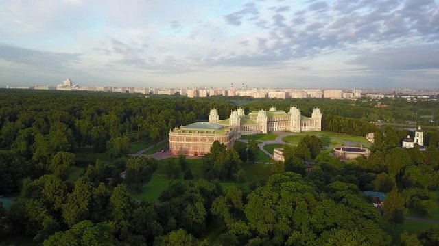 Aerial video of Queen Ekaterina residence palace in Tsaritsino park, Moscow, Russia
