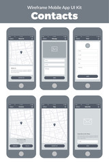 Wireframe UI kit for mobile phone. Mobile App Contacts. Form, about us, message, map, subscribe screens