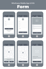 Wireframe UI kit for mobile phone. Mobile App Form. Contacts, about us, message, map, subscribe screens