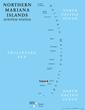 Northern Mariana Islands political map with capital Saipan. Insular area and commonwealth of United States in Pacific Ocean, north of Guam. Mariana Archipelago. Illustration. English labeling. Vector.