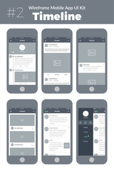 Wireframe UI kit for mobile phone. Mobile App Timeline. Feed, posts and menu screens