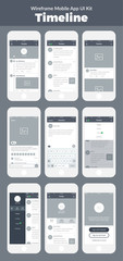 Wireframe UI kit for mobile phone. Mobile App Timeline. Feed, post, comment, sign up, profile and menu screens