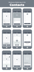 Wireframe UI kit for mobile phone. Mobile App Contacts. Form, about us, message, map, address and subscribe screens