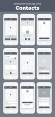 Wireframe UI kit for mobile phone. Mobile App Contacts. Form, about us, message, map, address and subscribe screens