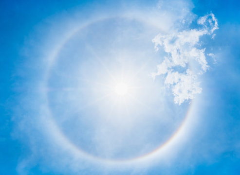 Looking up at Sun halo with circular rainbow at clear sky,natural phenomena