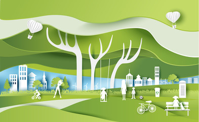 Green eco city and life paper art style, urban landscape and industrial factory buildings concept.vector illustration