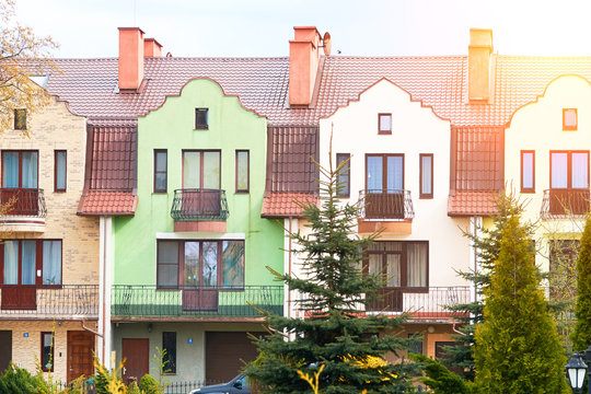 Colorful houses facades, pastel pale colors in Europe.
