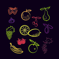 контуры фруктов на темном фоне, векторная иллюстрация