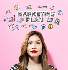 Marketing Plan text with young woman on a pink background