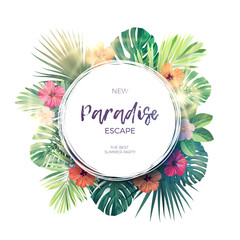 Green summer tropical background with exotic palm leaves and hibiscus flowers. Vector floral background. - obrazy, fototapety, plakaty