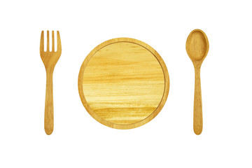 Wooden spoon and wooden fork and wooden plate Top view on isolated white background.