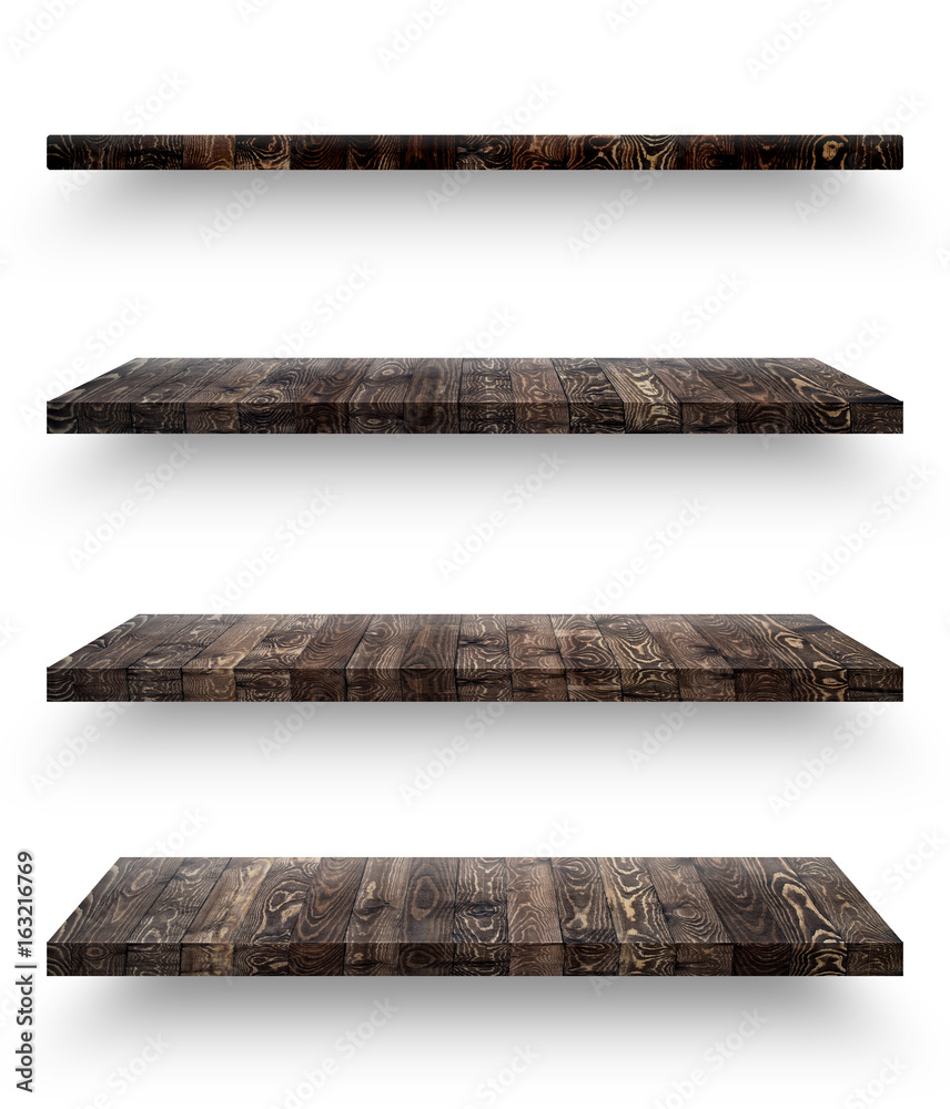 Wall mural wooden shelf template set isolated on white background with clipping path