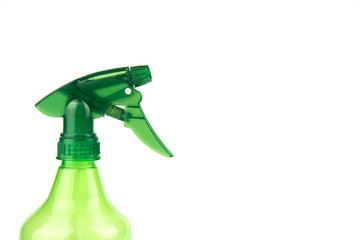 Green spray heads water on a white background.