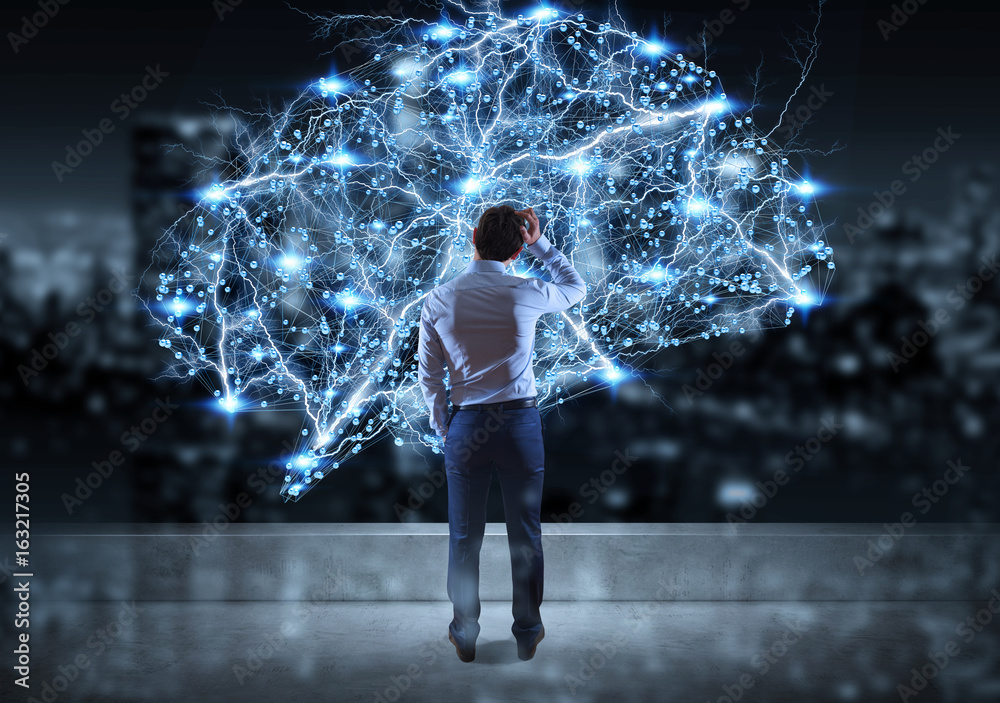 Aufkleber businessman watching digital brain interface on a rooftop 3d rendering