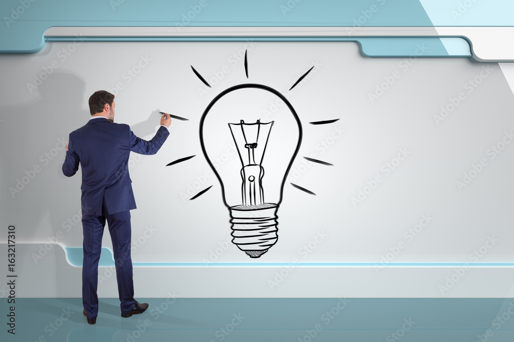Poster businessman drawing a lightbulb on a board 3d rendering