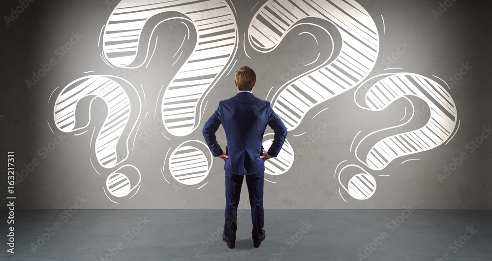 Poster Businessman watching a question mark sketch on a wall 3D rendering