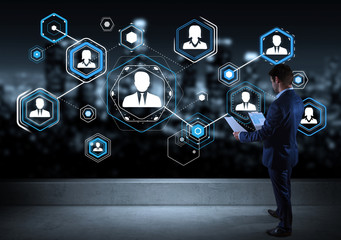 Businessman watching social network interface on a rooftop 3D rendering