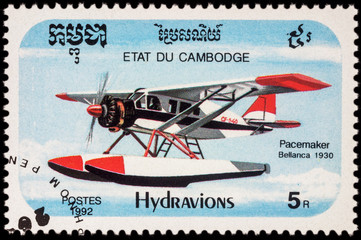 American seaplane Bellanca Pacemaker (1930) on postage stamp