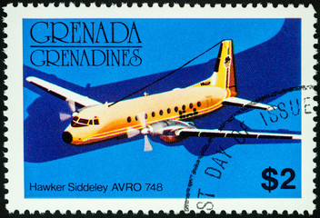 Passenger aircraft Hawker Siddeley AVRO 748 on postage stamp