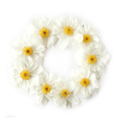 Fototapeta premium Flat lay floral wreath frame with white peony flowers on white background. Top view.