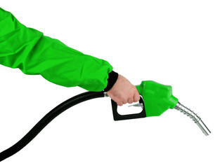 Hand is holding gasoline pistol pump fuel nozzle