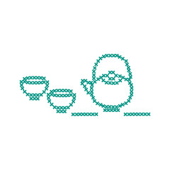 Fototapeta premium Cute vector illustration cross embroidery of teapot with two cups.