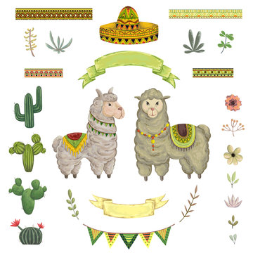 Lama animal, cacti, sombrero, ribbons, flowers and leaves. Isolated elements in watercolor style. Cartoon characters. Concept design for greeting card, poster, invitation, party. Vector illustration.
