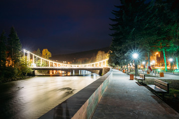 Borjomi, Samtskhe-Javakheti, Georgia. Night View Of Bridge Of Beauty Over Kura River Passing Through City.