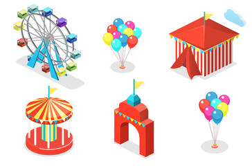 Isometric flat 3D isolated city banners with carousels. amusement park