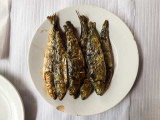 Grilled sardines on a white plate