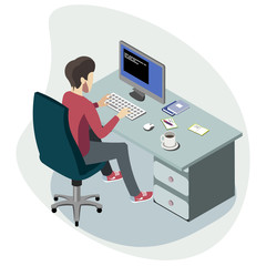 Businessman working at the computer isometric.