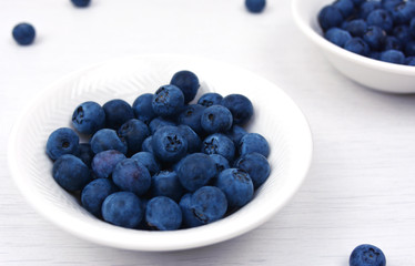 Freshly picked blueberries in a white bowl.
