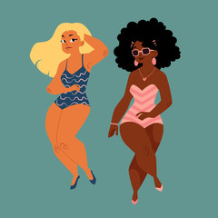 plump, curvy women, girls, plus size models in swimming suits, top view cartoon vector illustration isolated on blue background. Beautiful plump, overweight women, girls in swimming suits