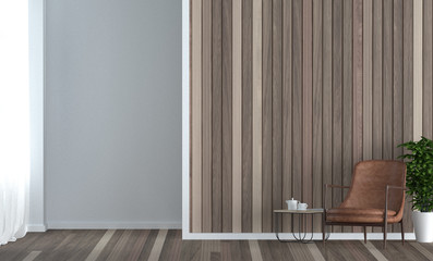 Neutral interior with wooden chair in the empty room in front of wooden wall background 3D rendering  interior design.