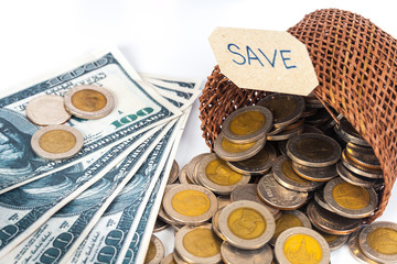 coin and bank note dropped of sack cloth bag