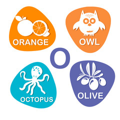 Cute alphabet in vector. O letter for orange, owl, octopus and olive.