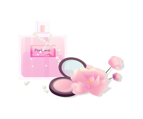 Obraz premium Vector Cosmetics set package. Floral Perfume collection, blush, lipstick, lip balm. Perfect for advertising, flyer, banner, poster. 2d illustration