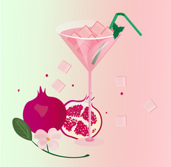 Pomegranate fruits fresh cocktail glass. Summer drink Vector illustration