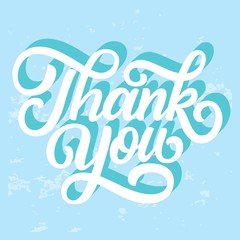 Thank you hand lettering, retro calligraphy with 3d shadow on blue background. Vector illustration.