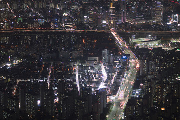 Night view of the crossroad from skyscraper in Seoul